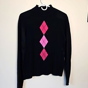 Jennifer Moore black/pink mock neck Sweater jeweled argyle Size‎ Large EUC